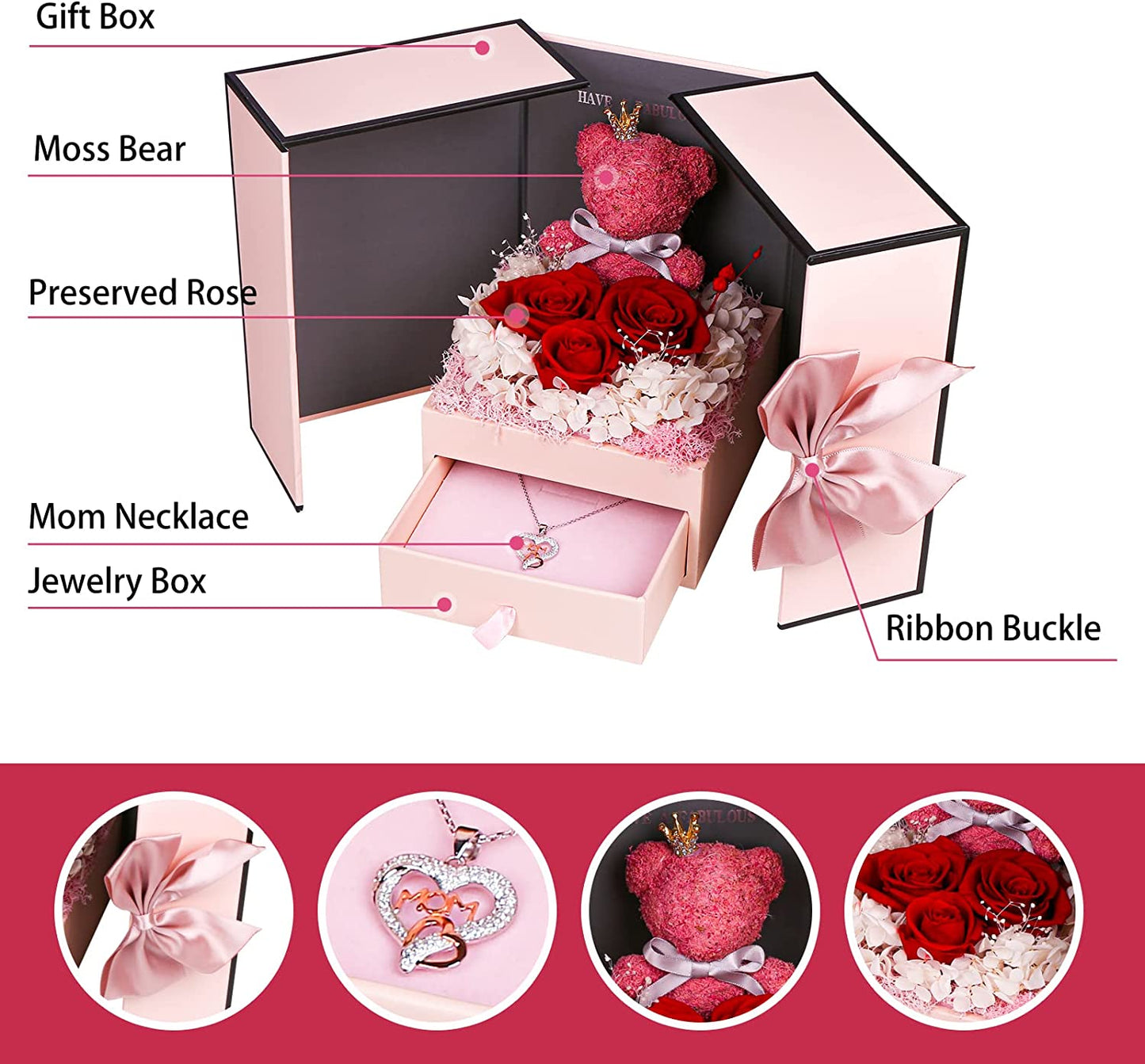 Preserved Rose Gifts Set Includes 925 Sterling Silver Necklace with Heart and Mom Jewelry Design
