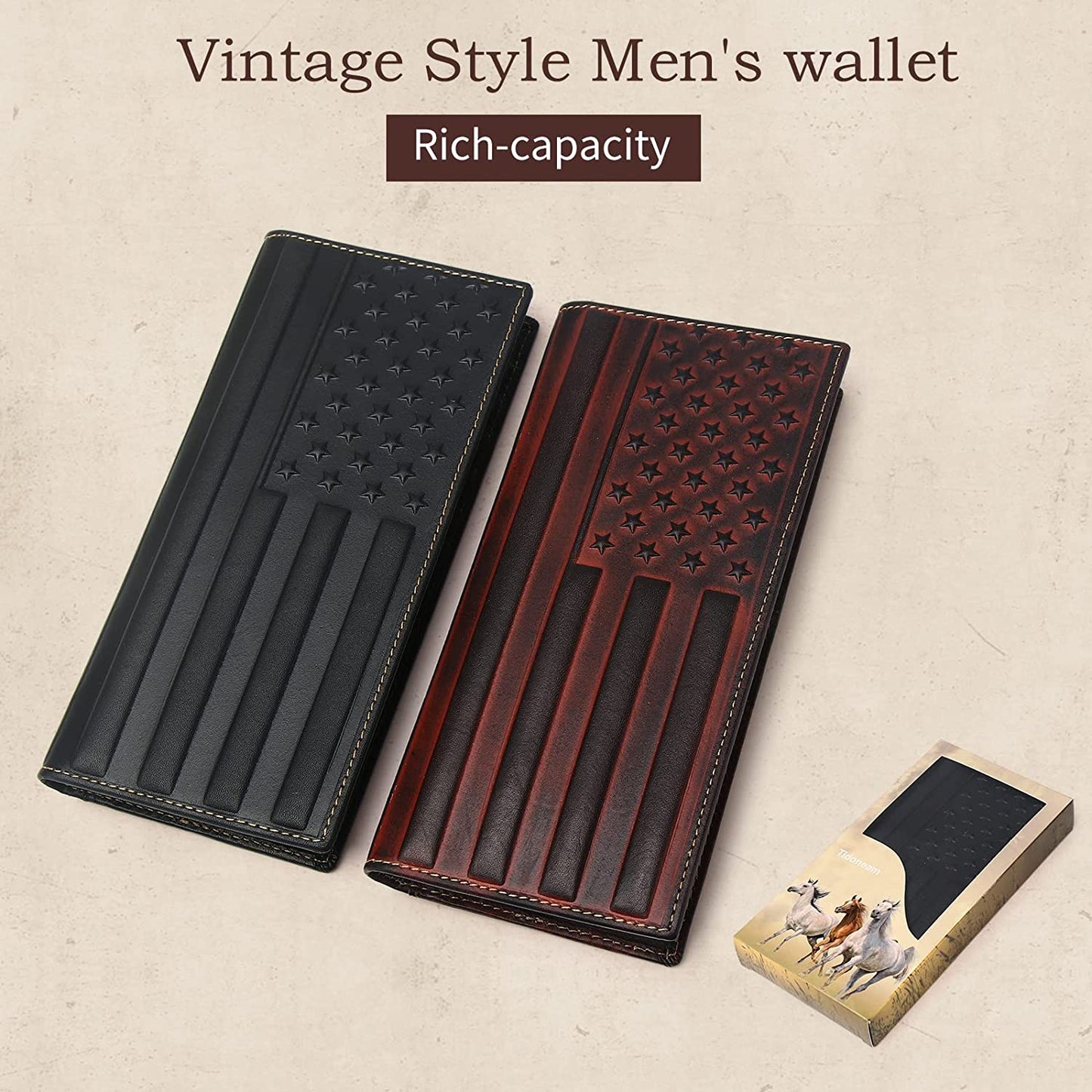 Men's Wallet Long with US Flag, Men's Wallet Leather Bi Folding Wallet for Men