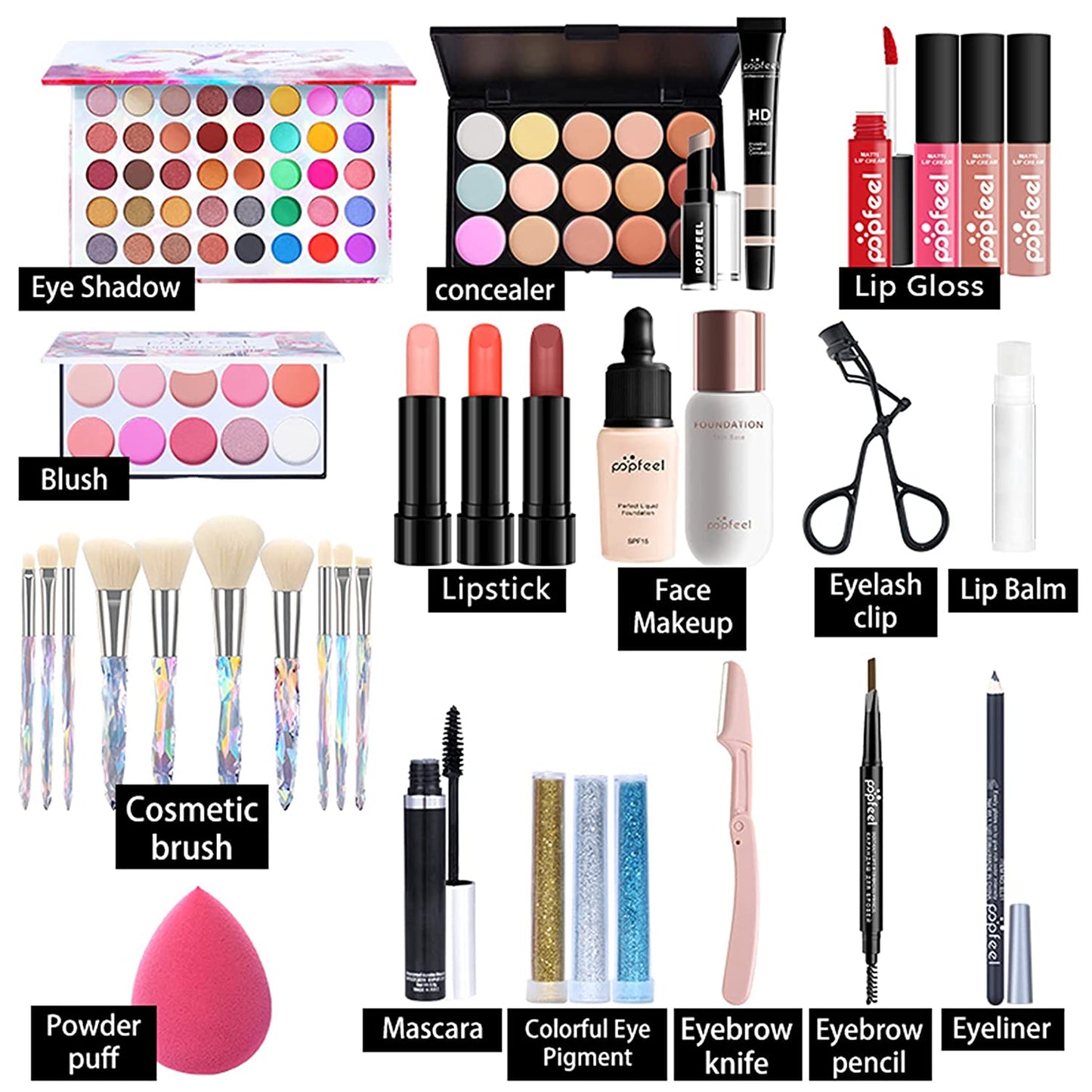 All-In-One Holiday Gift Makeup Set Cosmetic Essential Starter Bundle Include Eyeshadow Palette Lipstick Concealer Blush