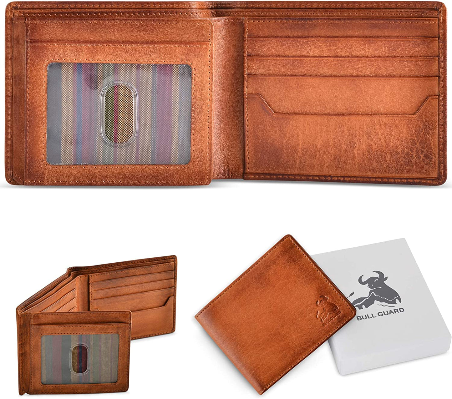 RFID Blocking Bifold Wallets for Men, Brown Full Grain Leather Credit Card Wallet