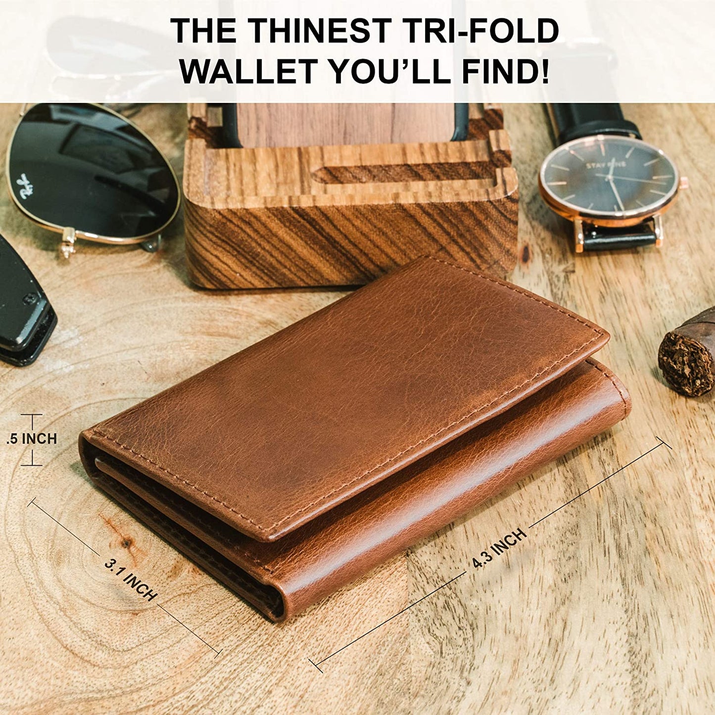 Top Grain Leather Trifold Wallet for Men | Ultra Strong Stitching | Handcrafted Argentinian Leather