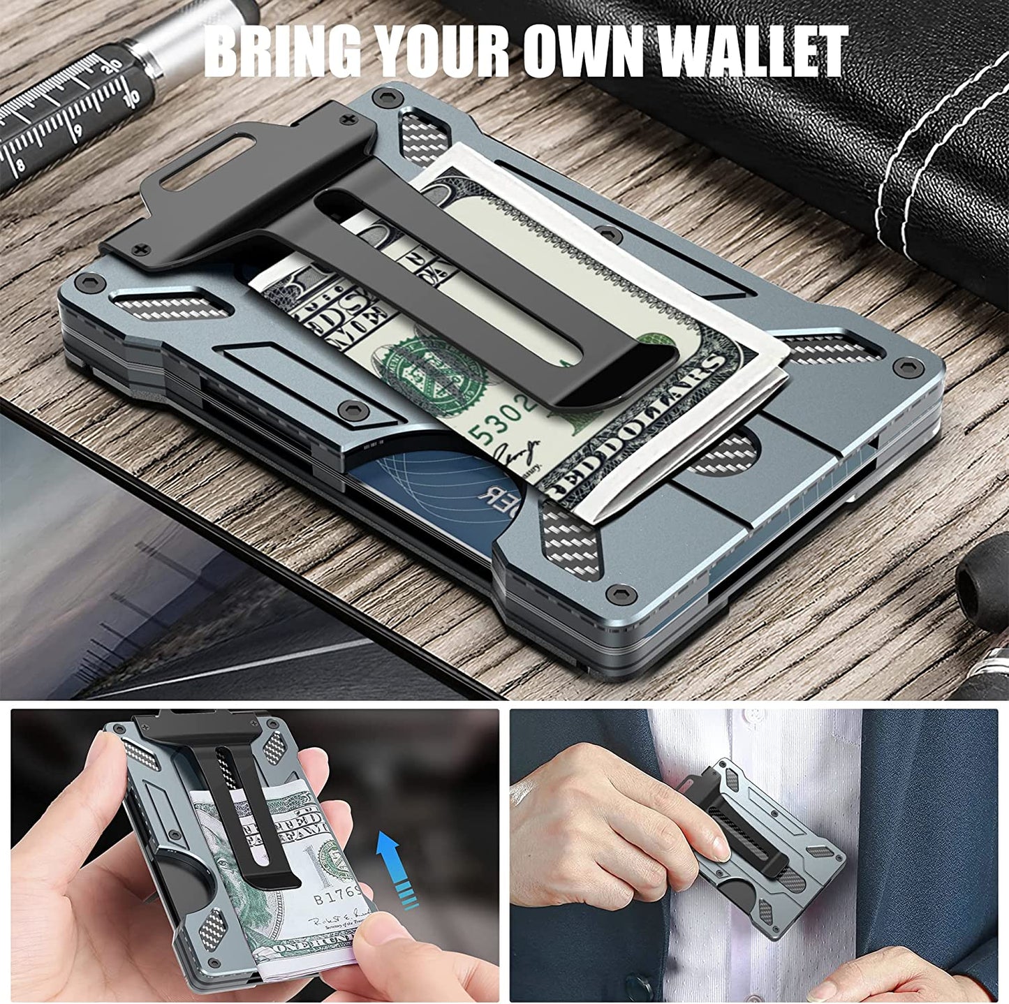 Wallet for Men - Slim Aluminum Metal Money Clip with 1 Clear Window ID Badge Holder