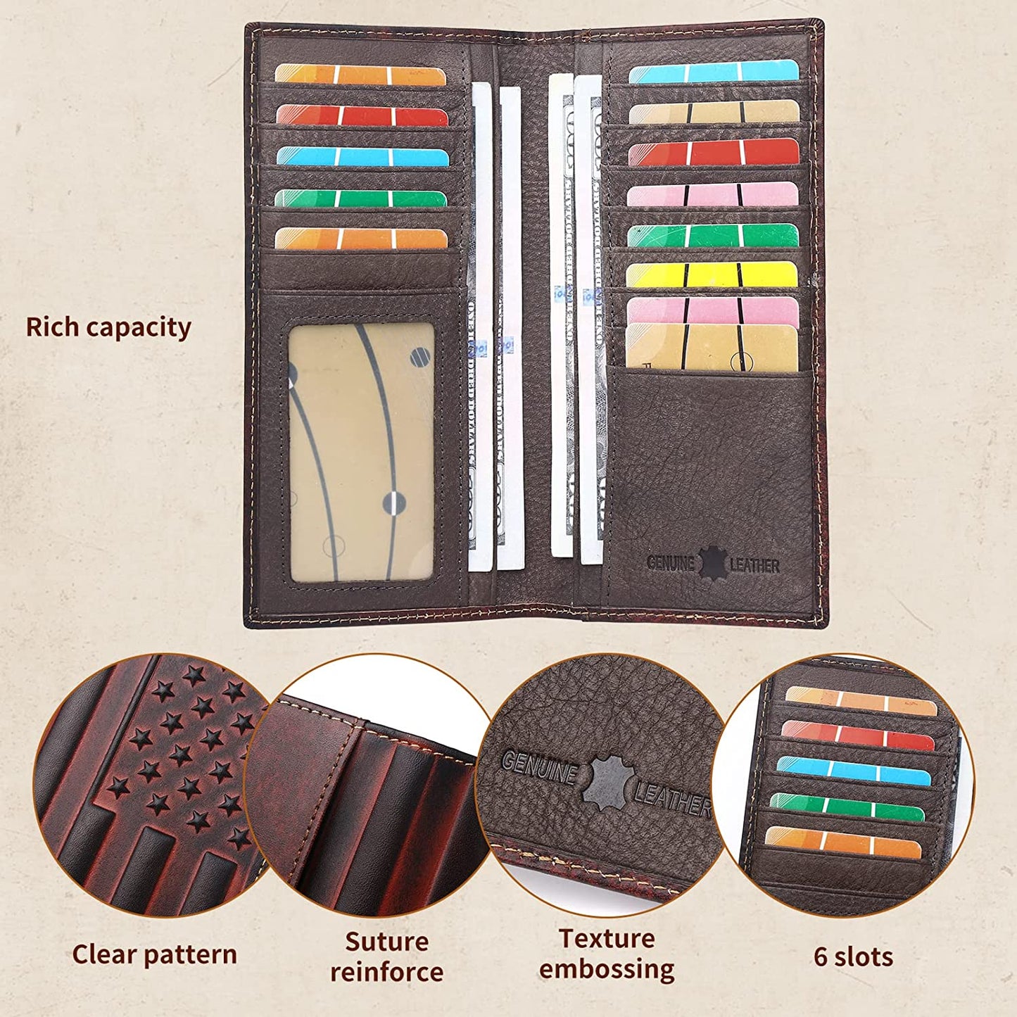 Men's Wallet Long with US Flag, Men's Wallet Leather Bi Folding Wallet for Men