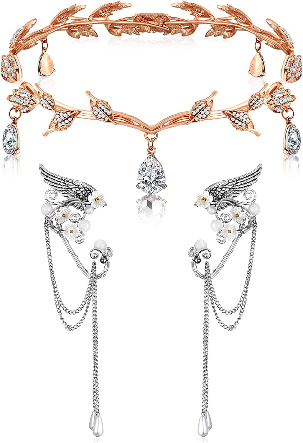 Rhinestone Fairy Leaf Headband Elf Ear Cuffs Crown Elf Earring Accessory for Fairy Cosplay Pageant Wedding Prom