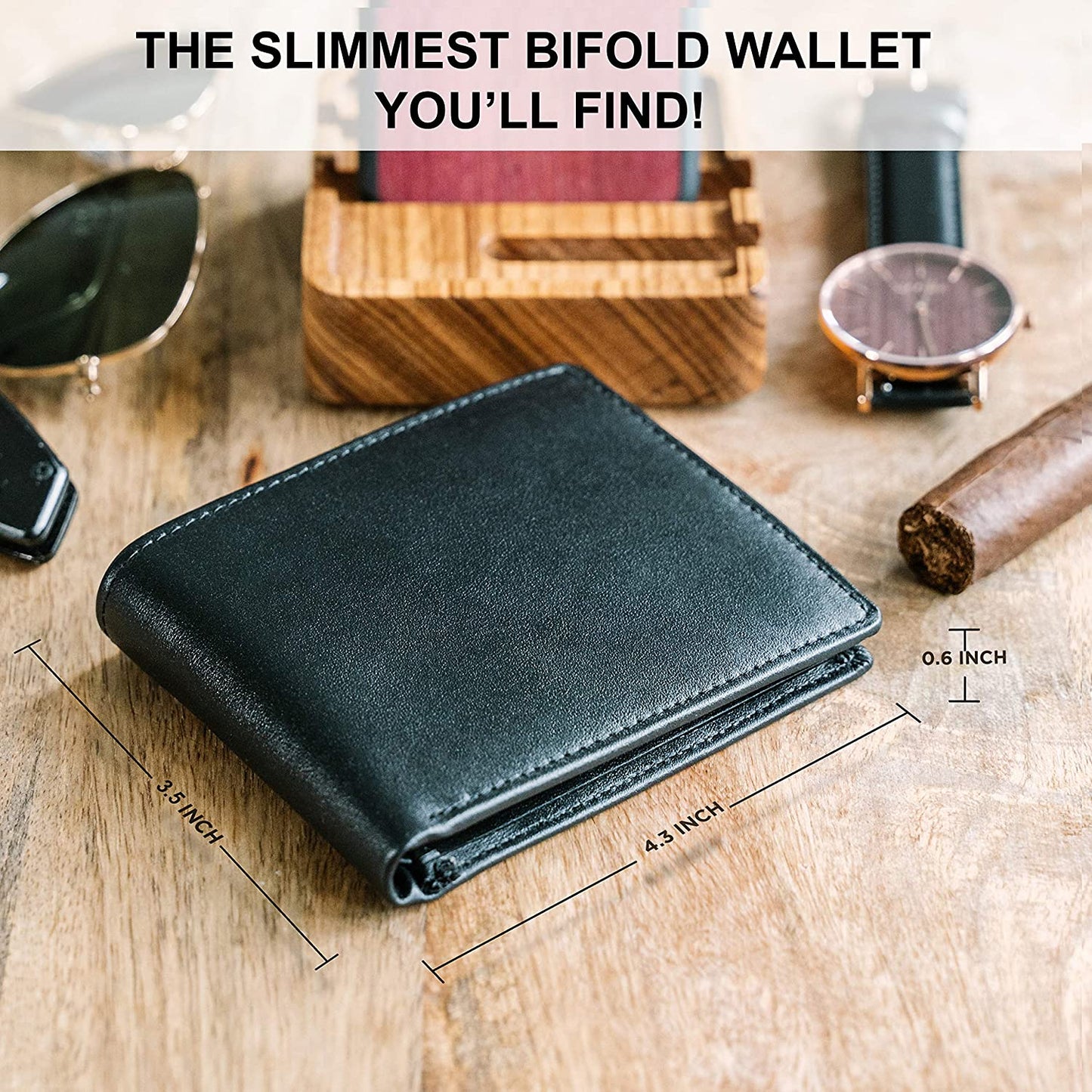Top Grain Leather Wallet for Men, RFID Blocking | Extra Capacity Bifold Wallet with 2 ID Windows
