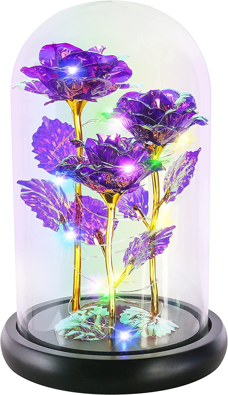 Christmas Rose Flowers Gift, 3 Colorful Purple Christmas Artificial Flower Rose Gift,Light up Rose Flower in Glass Dome