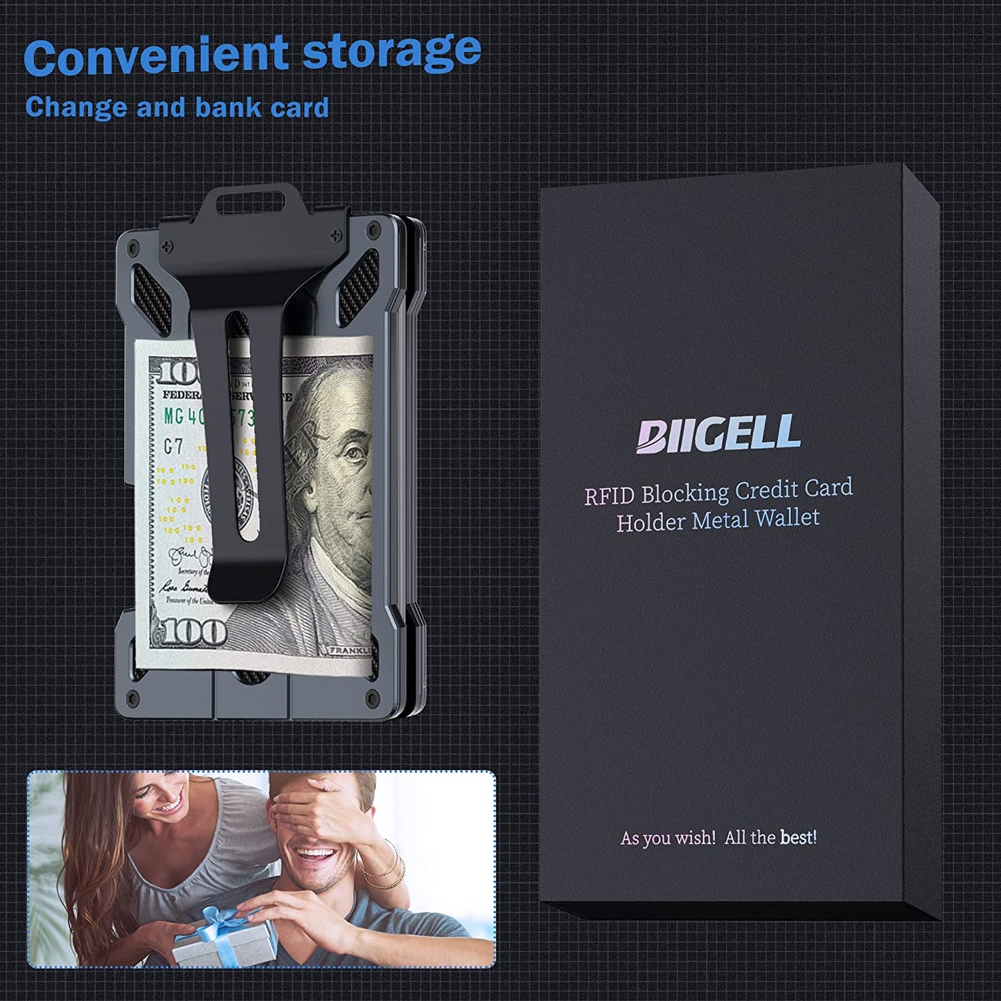 Wallet for Men - Slim Aluminum Metal Money Clip with 1 Clear Window ID Badge Holder