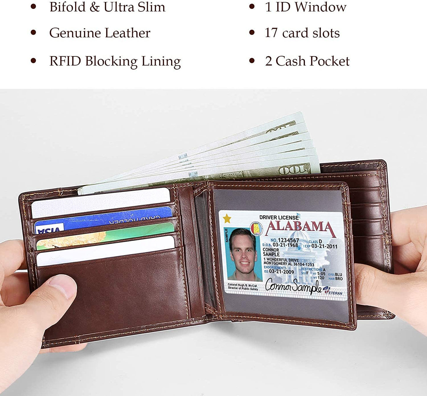 Men's Wallet RFID Genuine Leather Bifold Wallets for Men, ID Window 16 Card Holders Gift Box