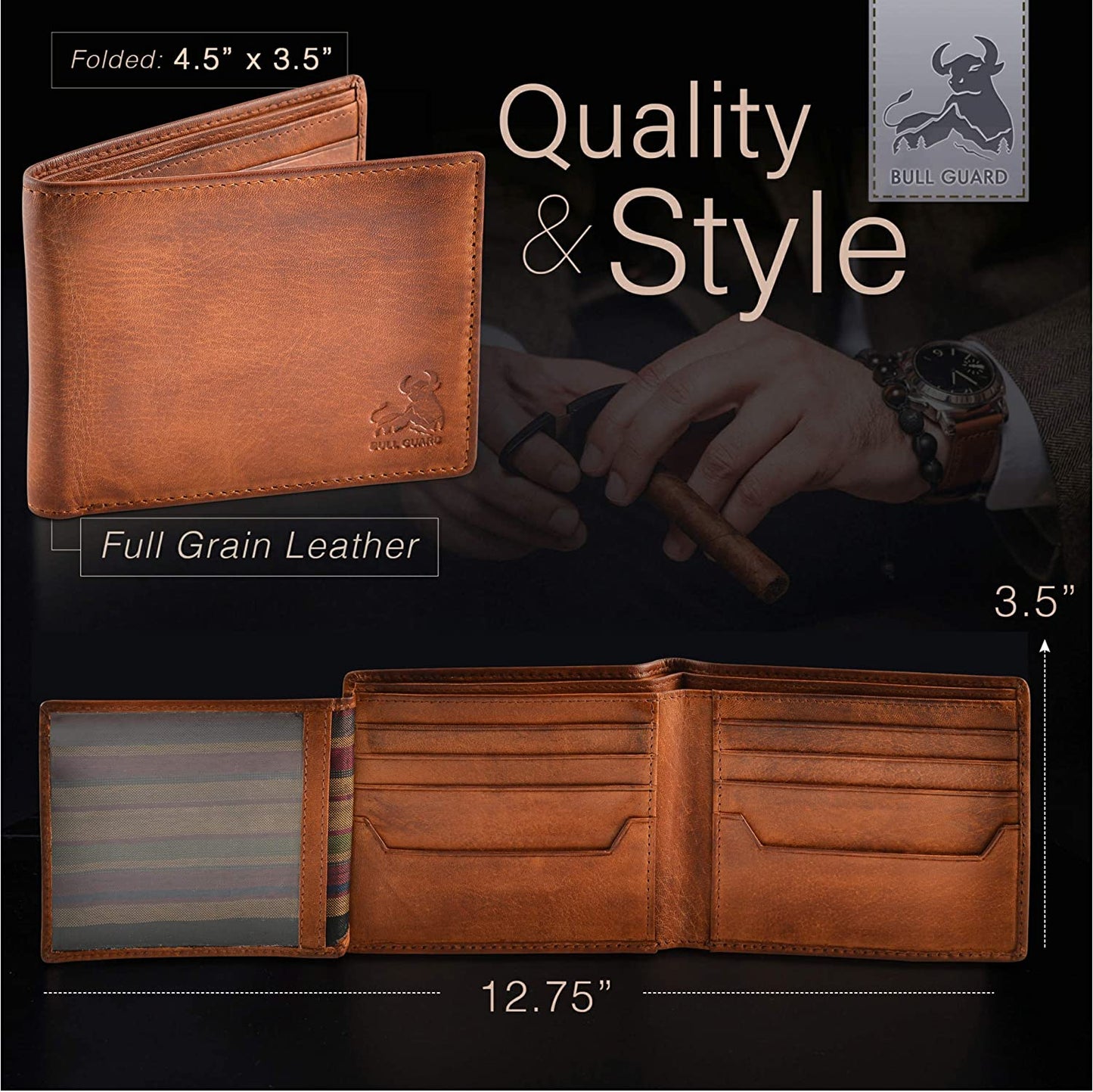 RFID Blocking Bifold Wallets for Men, Brown Full Grain Leather Credit Card Wallet