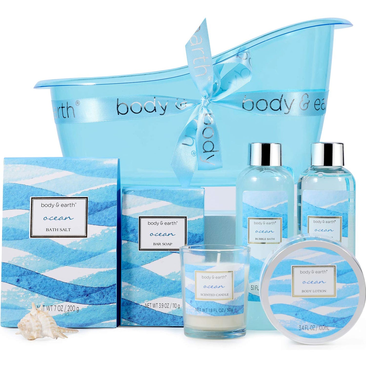 Bath Gift Set for Women, Spa Gift Baskets for Women, 7 Pcs Bath Set Scented with Ocean, Bath and Body Gift Basket, Birthday Gifts for Women