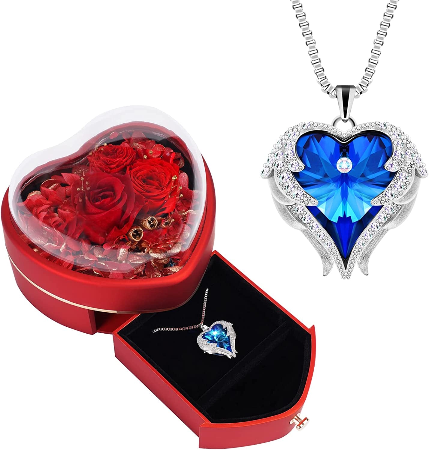 Preserved Rose with Angel Wings Necklace Gift Set for Women. Eternal Rose Gifts for Mom Grandma