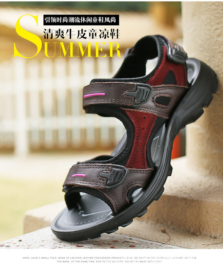 First Layer Cowhide Boys Sandals Soft Bottom Children's Leather Sandals Big Children's Beach Shoes Summer Hollow Boy Beach Shoes