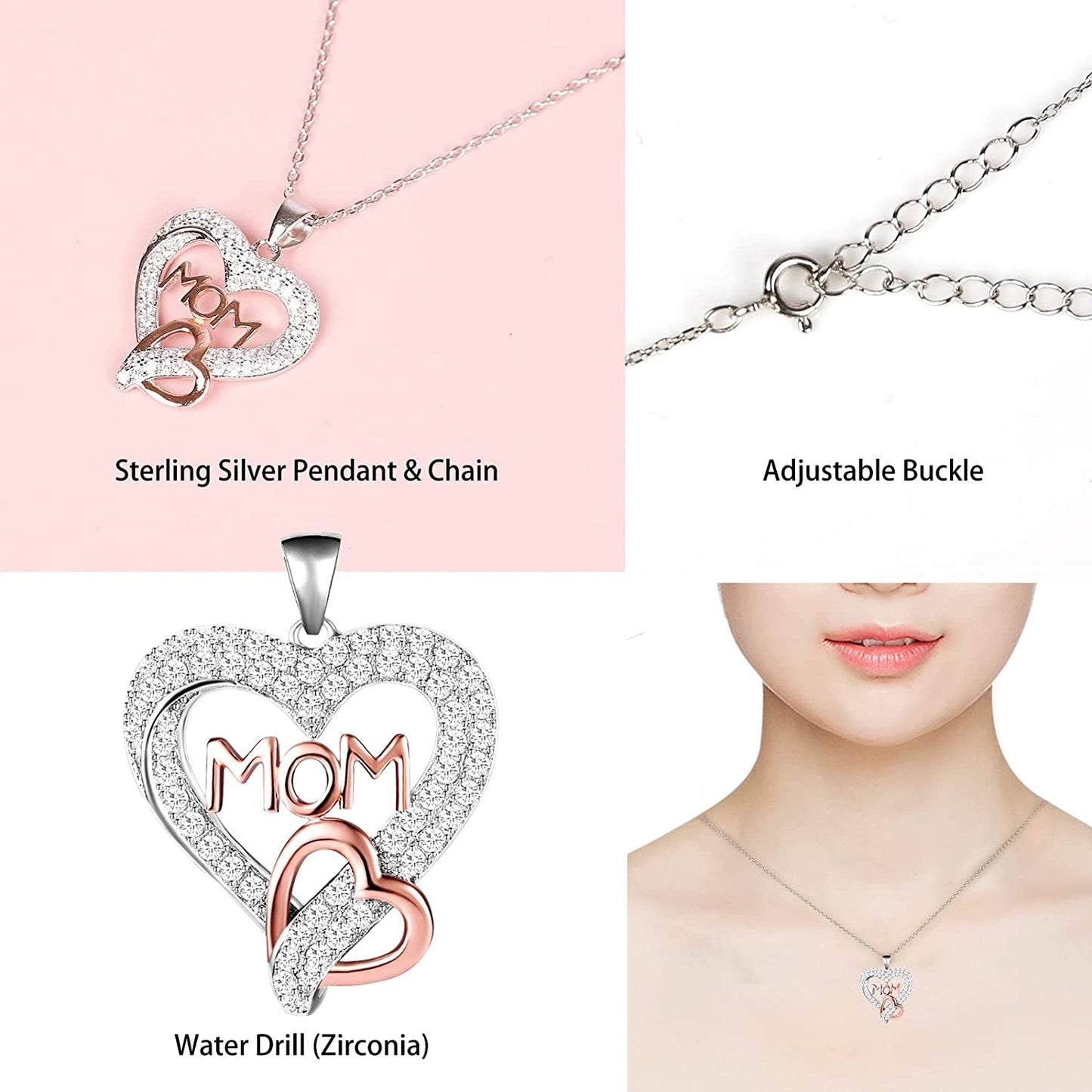 Preserved Rose Gifts Set Includes 925 Sterling Silver Necklace with Heart and Mom Jewelry Design