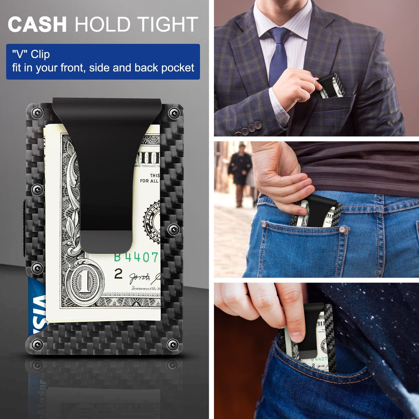 Card Holder Wallet Money Clip, Slim Minimalist Wallet for Men RFID Blocking Carbon Fiber Wallet
