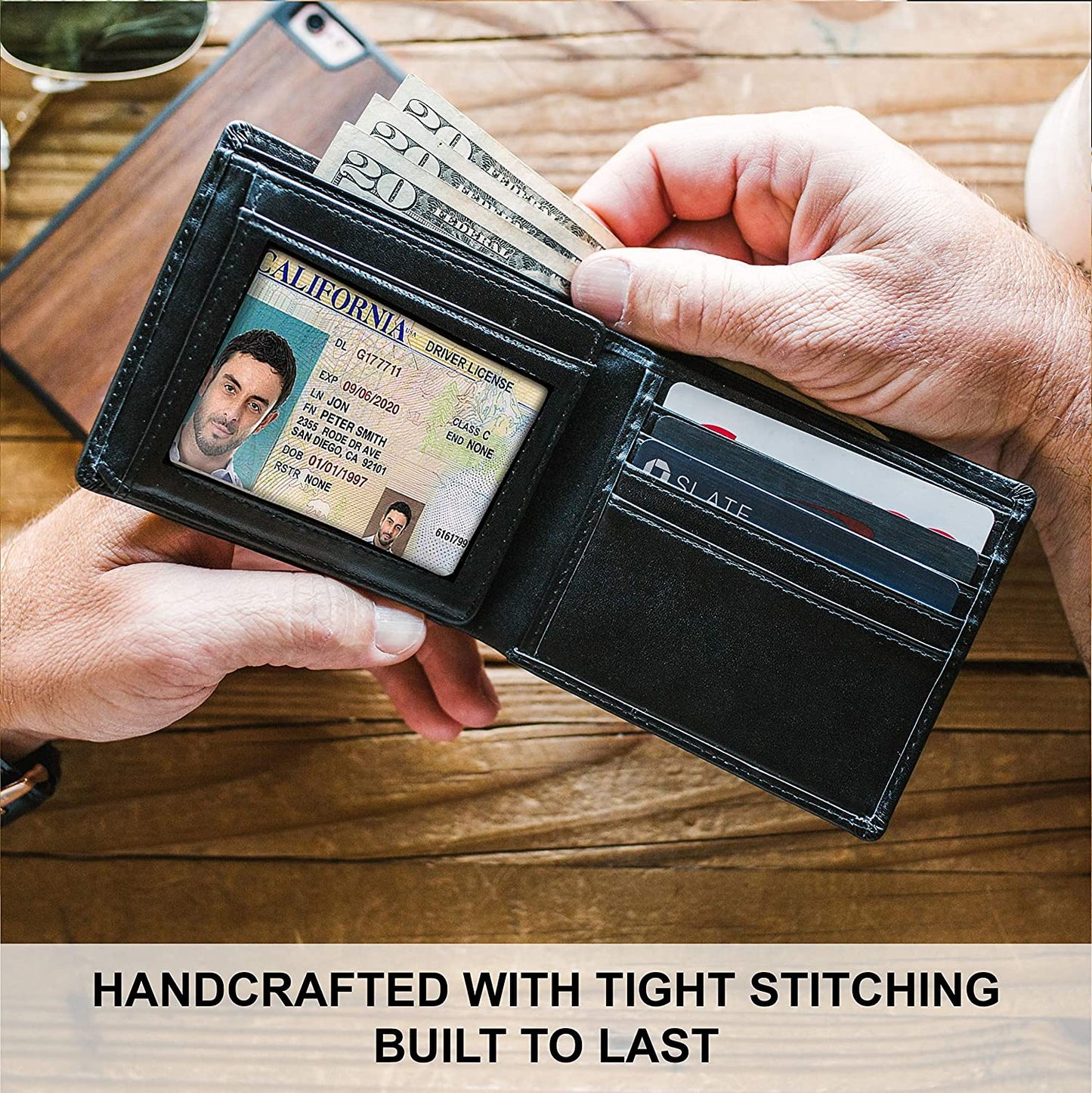 Top Grain Leather Wallet for Men, RFID Blocking | Extra Capacity Bifold Wallet with 2 ID Windows
