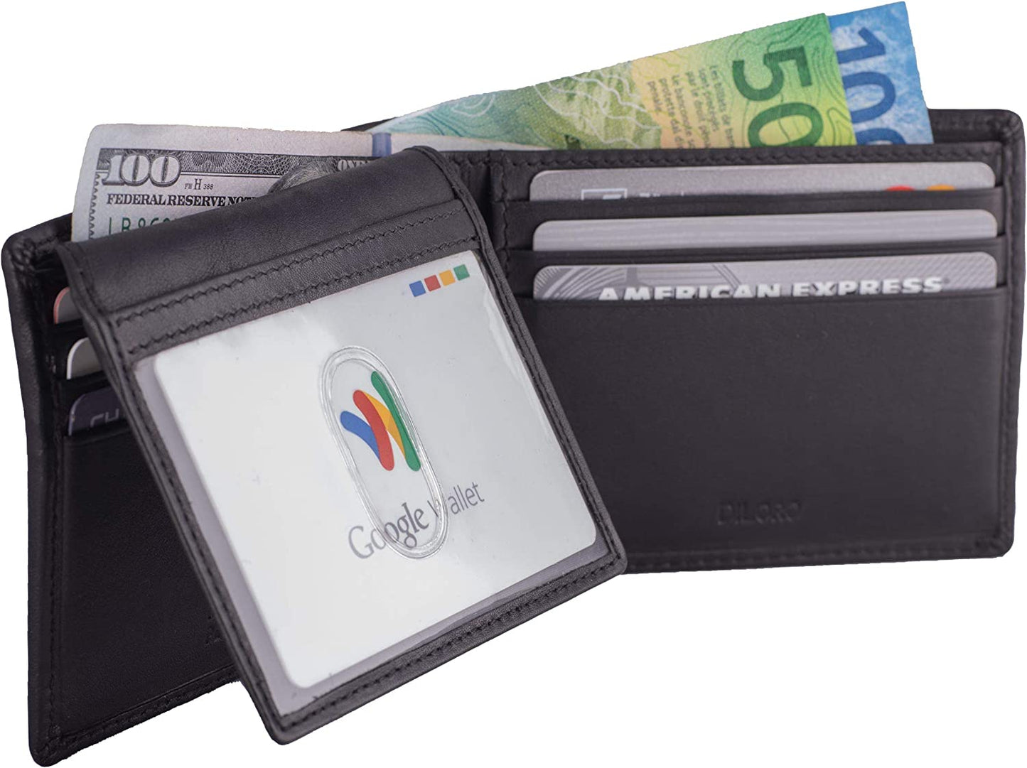 RFID Slim Leather Travel Wallet for Men Bifold Top Flip 2 ID Windows