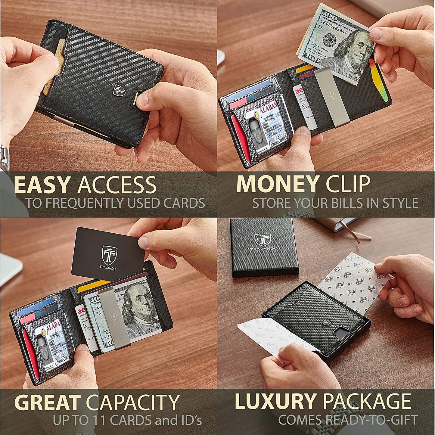 Men's Slim Wallet with Money Clip AUSTIN RFID Blocking Bifold Credit Card Holder