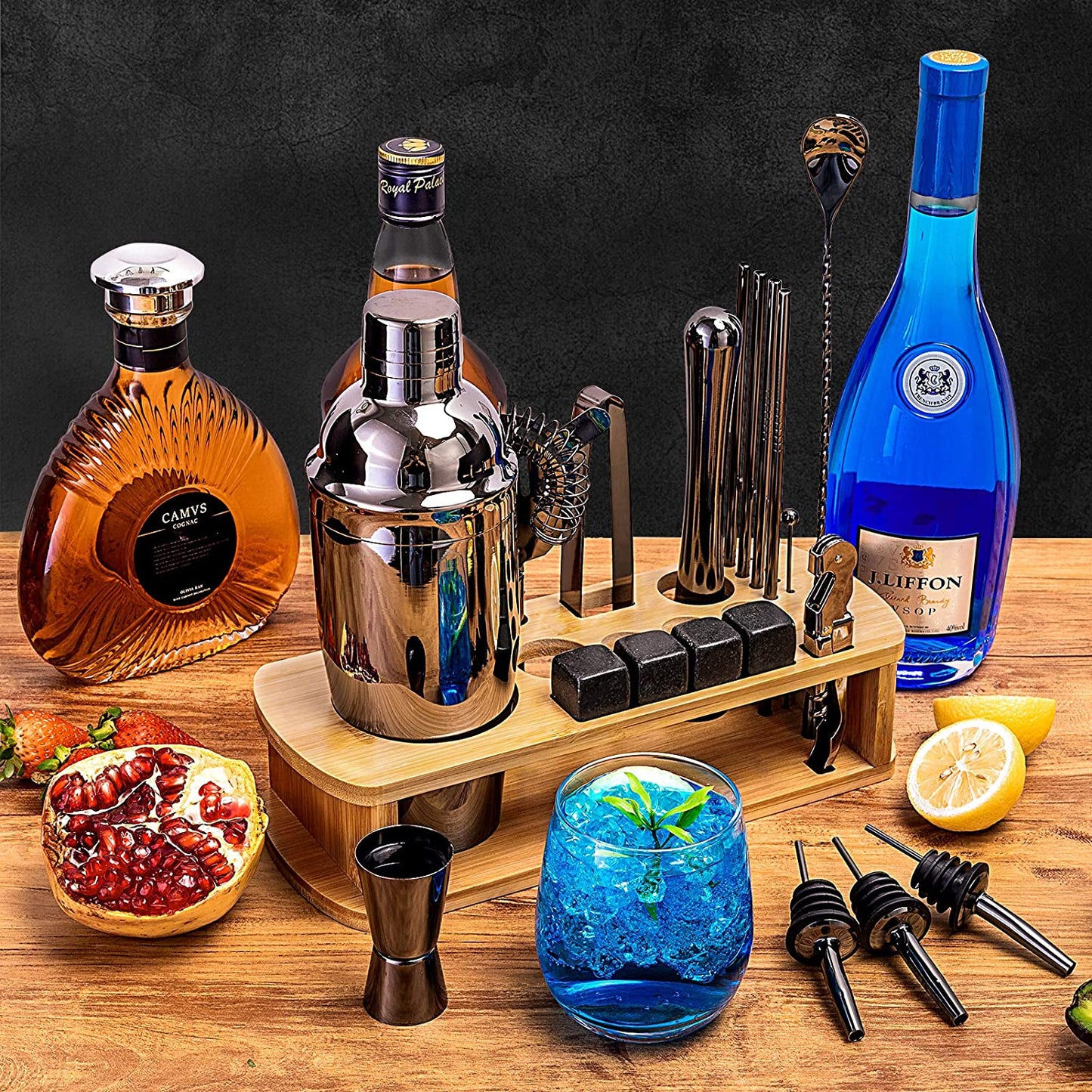 25 Piece Cocktail Shaker Set with Bamboo Stand,Gifts for Men Dad Grandpa,Stainless Steel Bartender Kit Bar Tools Set