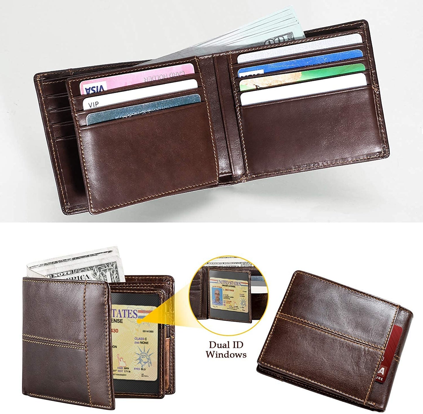Men's Wallet RFID Genuine Leather Bifold Wallets for Men, ID Window 16 Card Holders Gift Box