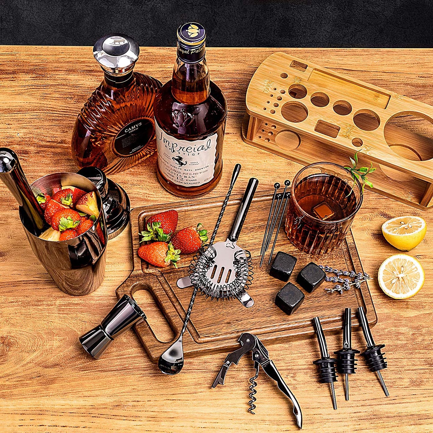 25 Piece Cocktail Shaker Set with Bamboo Stand,Gifts for Men Dad Grandpa,Stainless Steel Bartender Kit Bar Tools Set
