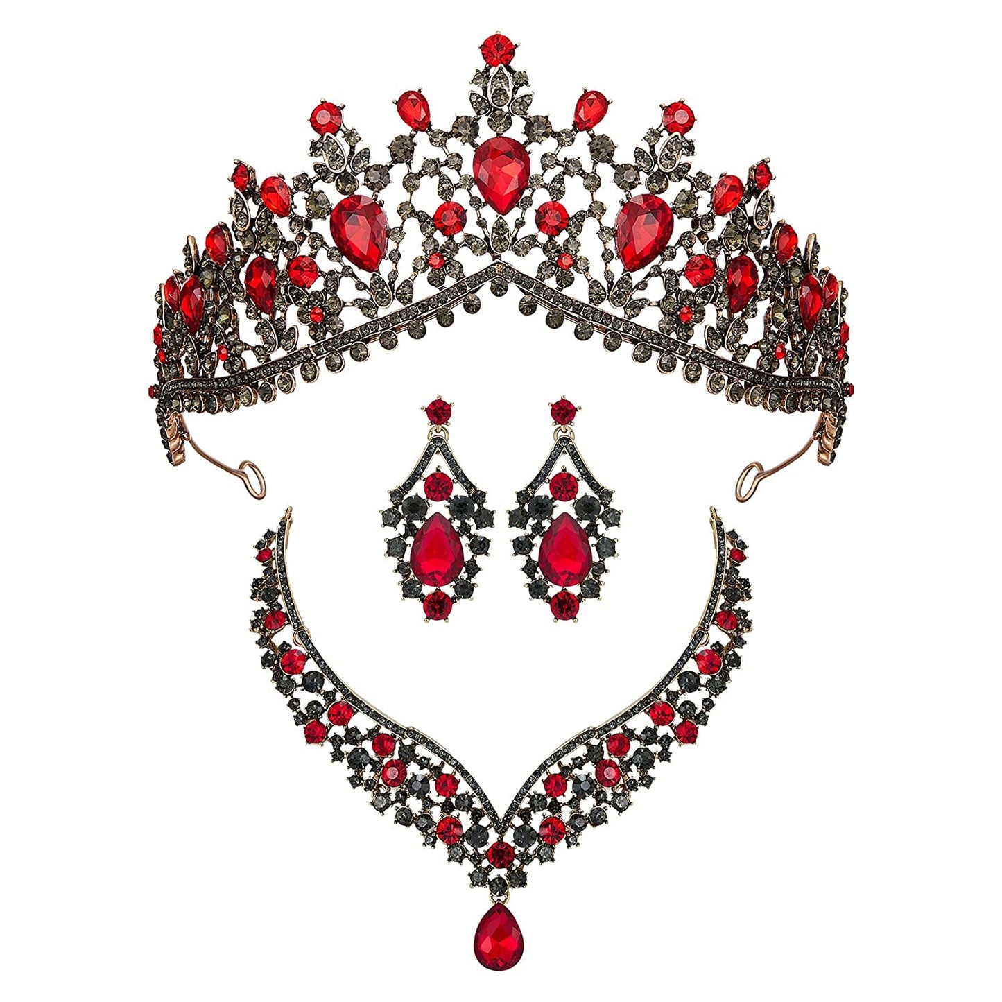 Baroque Wedding Crown for Bride, 3-Pack Tiara Earrings Necklace, Bridal Jewelry Set