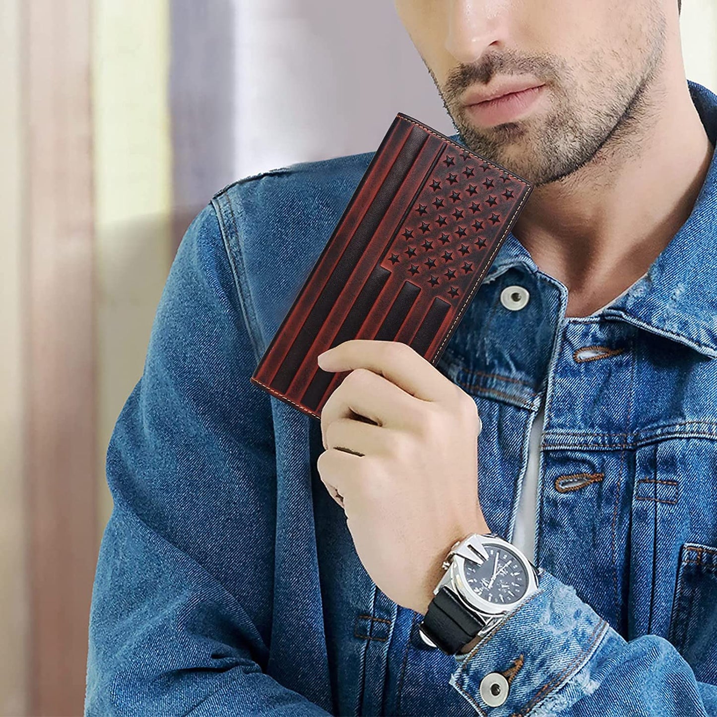 Men's Wallet Long with US Flag, Men's Wallet Leather Bi Folding Wallet for Men