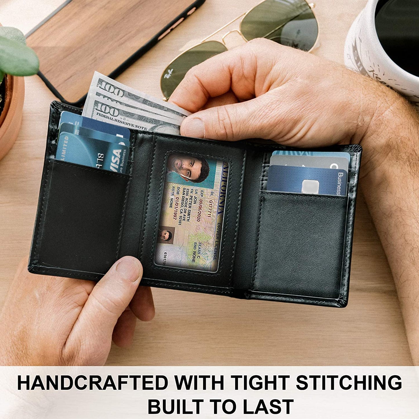 Top Grain Leather Trifold Wallet for Men | Ultra Strong Stitching, Tri-Fold Design