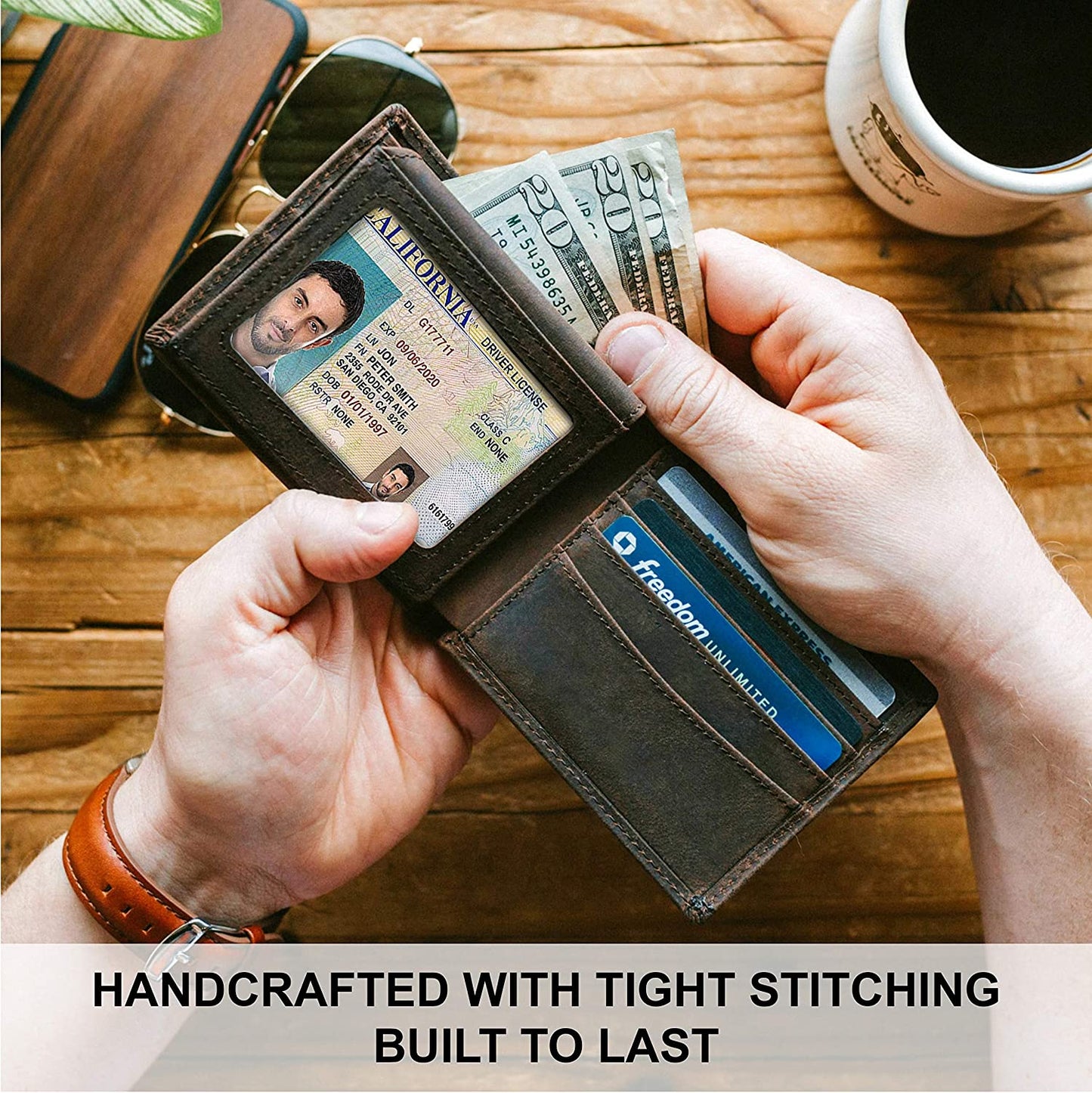 Top Grain Leather Wallet for Men | RFID Blocking | Extra Capacity Bifold Wallet with 2 ID Windows