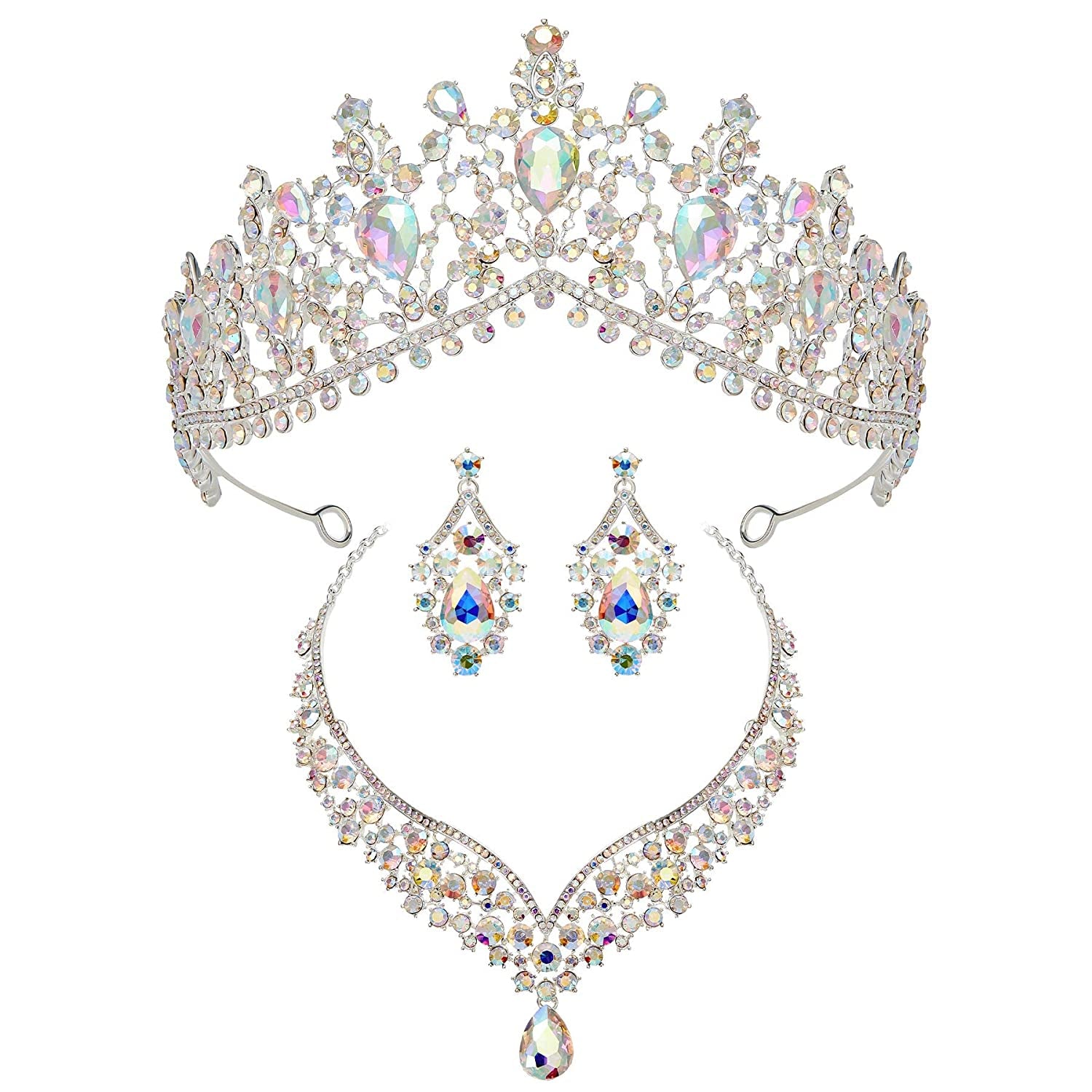 Baroque Wedding Crown for Bride, 3-Pack Tiara Earrings Necklace, Bridal Jewelry Set