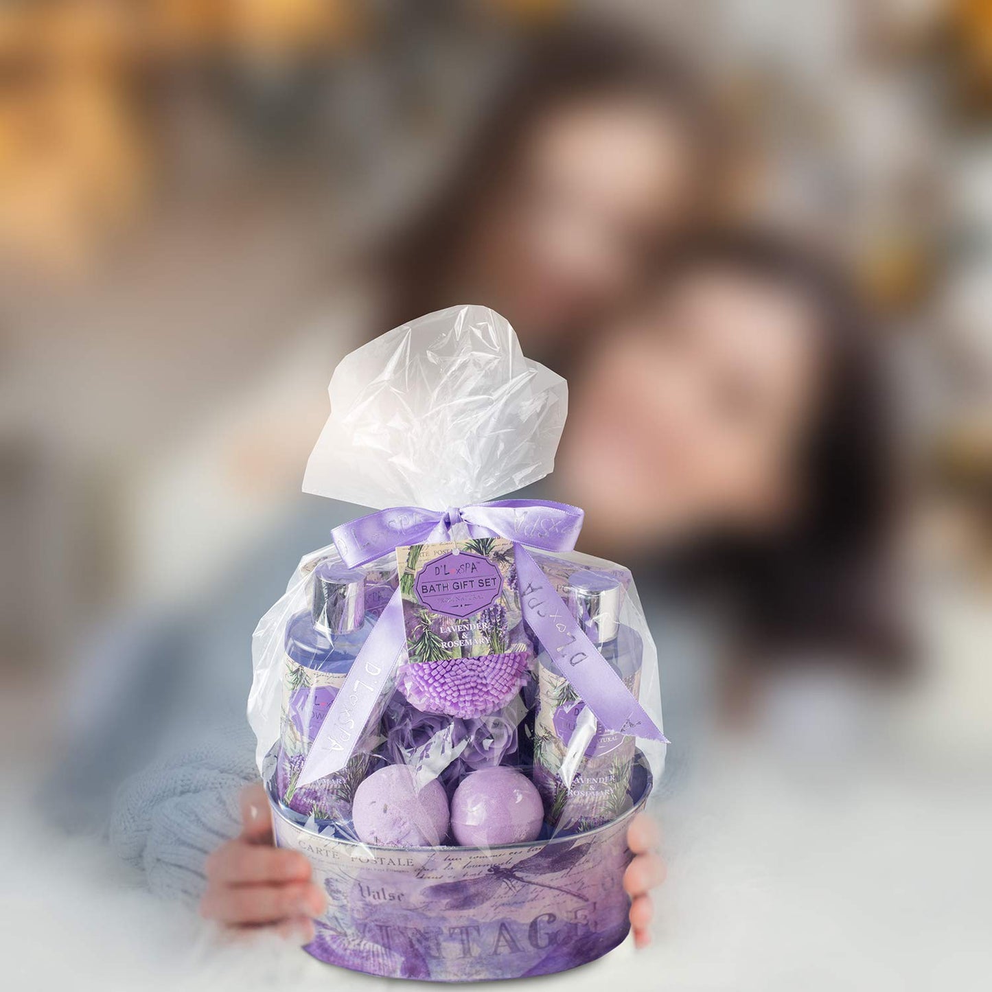 Relaxing Bath Gift Set for Women - Lavender and Rosemary Aromatherapy Basket at Home Spa Kit
