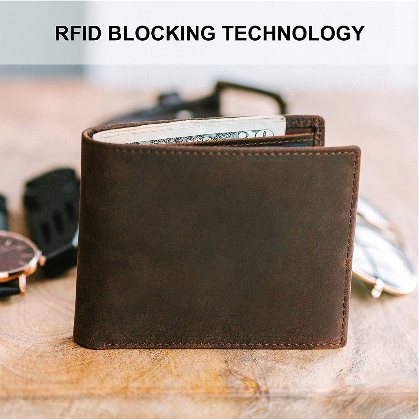Top Grain Leather Wallet for Men | RFID Blocking | Extra Capacity Bifold Wallet with 2 ID Windows