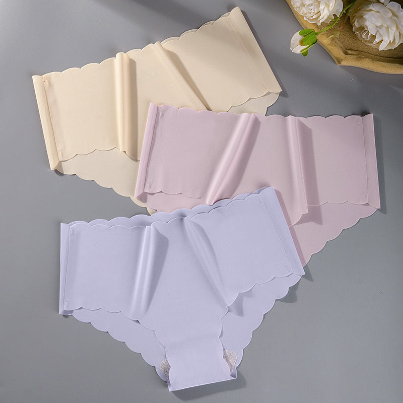 Ice Silk Seamless Ultra-thin Wave Girl Underwear Pure Color Breathable Large Size Low-waist One-piece Ladies Briefs