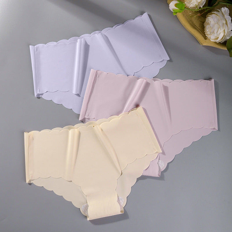 Ice Silk Seamless Ultra-thin Wave Girl Underwear Pure Color Breathable Large Size Low-waist One-piece Ladies Briefs