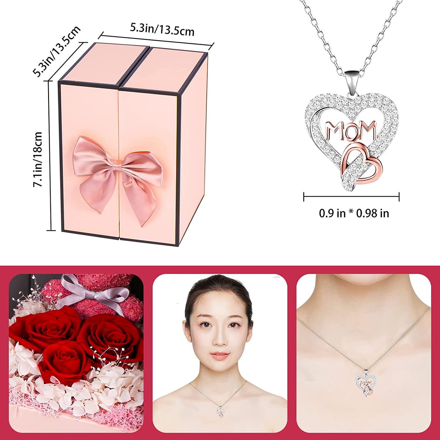 Preserved Rose Gifts Set Includes 925 Sterling Silver Necklace with Heart and Mom Jewelry Design