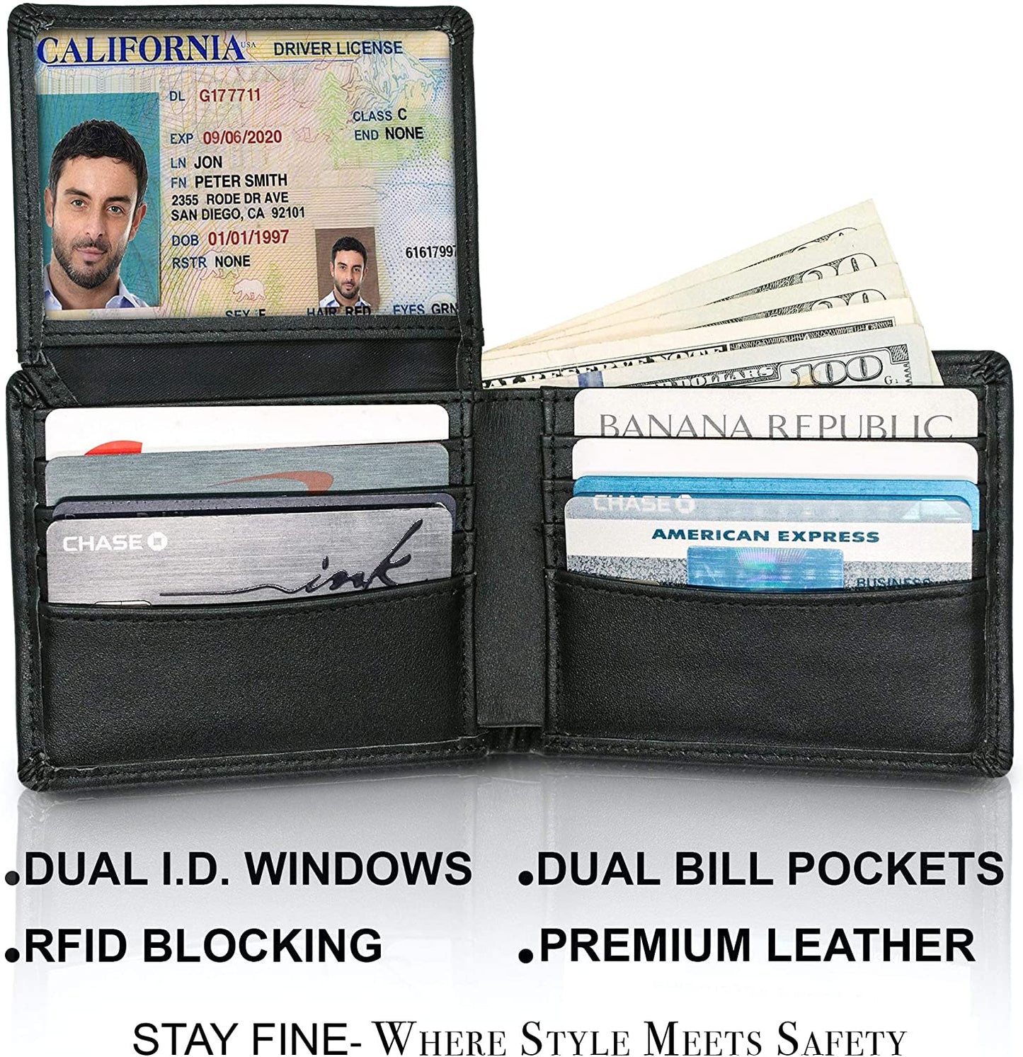 Top Grain Leather Wallet for Men, RFID Blocking | Extra Capacity Bifold Wallet with 2 ID Windows