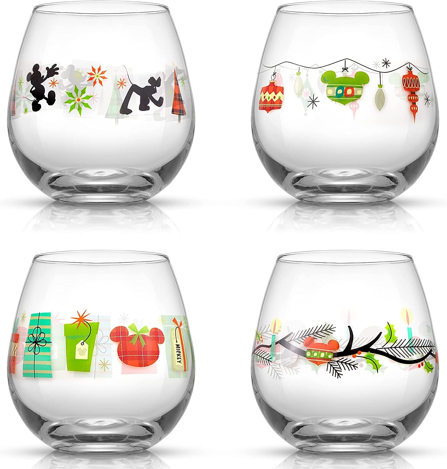 Disney Mickey Mouse Joy O Joy Stemless Wine Glasses. Set of 4 Stemless Wine Glass Drinking Glasses. Joyful Disney Gifts