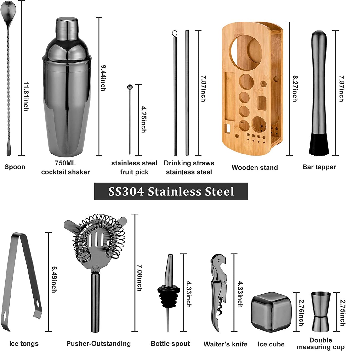 25 Piece Cocktail Shaker Set with Bamboo Stand,Gifts for Men Dad Grandpa,Stainless Steel Bartender Kit Bar Tools Set