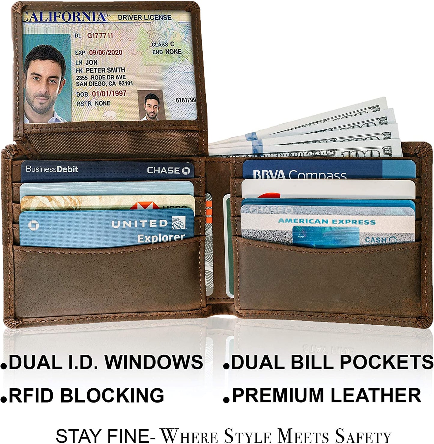 Top Grain Leather Wallet for Men | RFID Blocking | Extra Capacity Bifold Wallet with 2 ID Windows