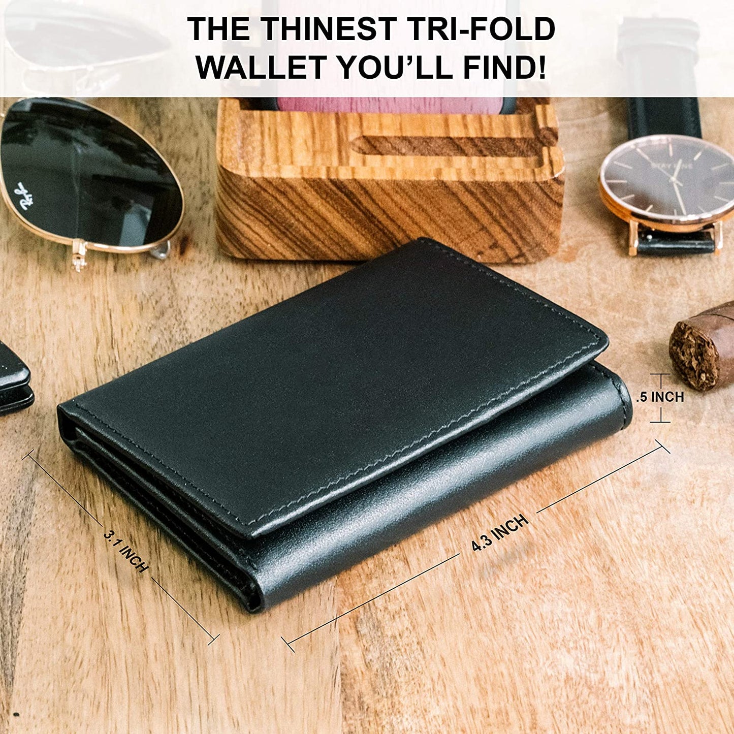 Top Grain Leather Trifold Wallet for Men | Ultra Strong Stitching, Tri-Fold Design
