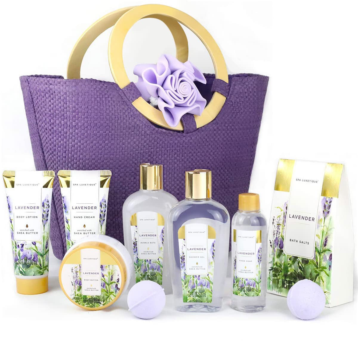 Gift Baskets for Women, Spa Gifts for Women - 10Pcs Lavender Bath and Body Gift Set with Bath Bomb