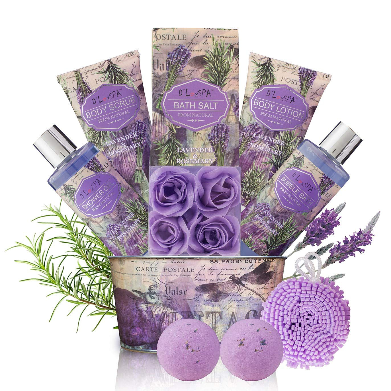 Relaxing Bath Gift Set for Women - Lavender and Rosemary Aromatherapy Basket at Home Spa Kit