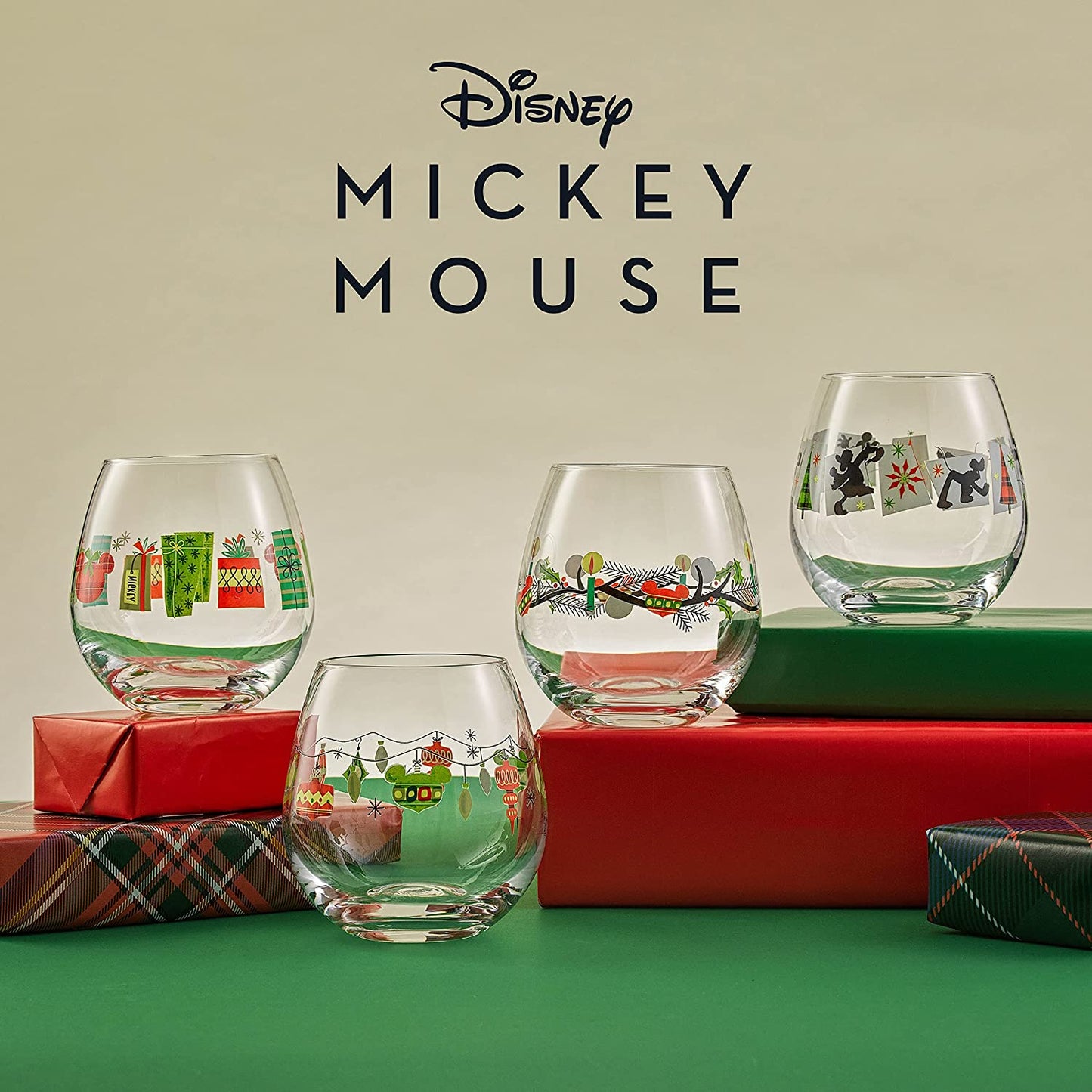 Disney Mickey Mouse Joy O Joy Stemless Wine Glasses. Set of 4 Stemless Wine Glass Drinking Glasses. Joyful Disney Gifts