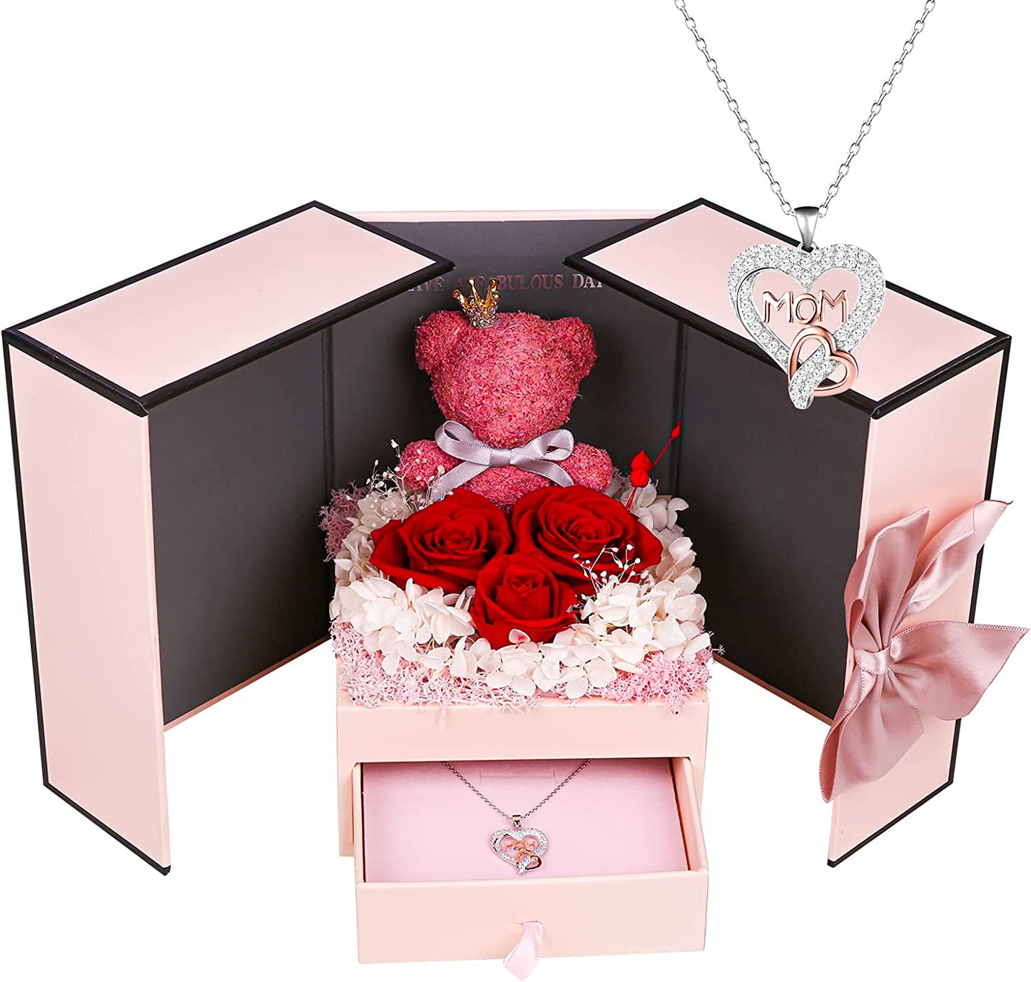 Preserved Rose Gifts Set Includes 925 Sterling Silver Necklace with Heart and Mom Jewelry Design