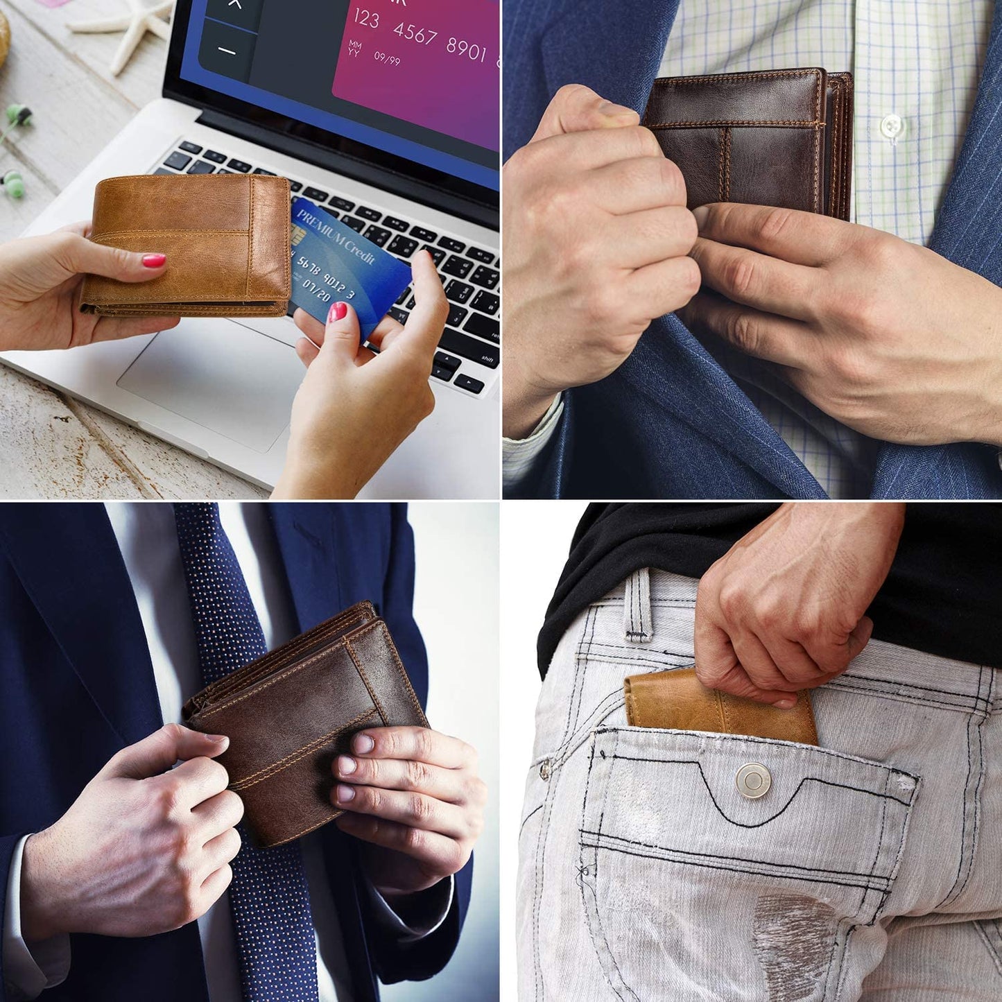 Men's Wallet RFID Genuine Leather Bifold Wallets for Men, ID Window 16 Card Holders Gift Box