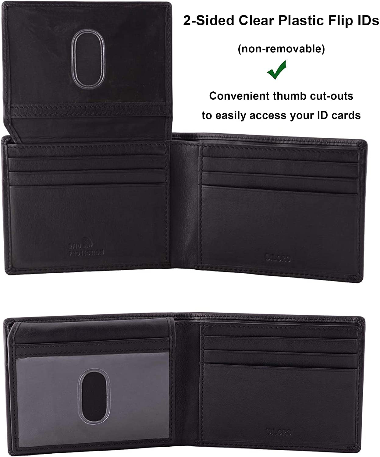 RFID Slim Leather Travel Wallet for Men Bifold Top Flip 2 ID Windows