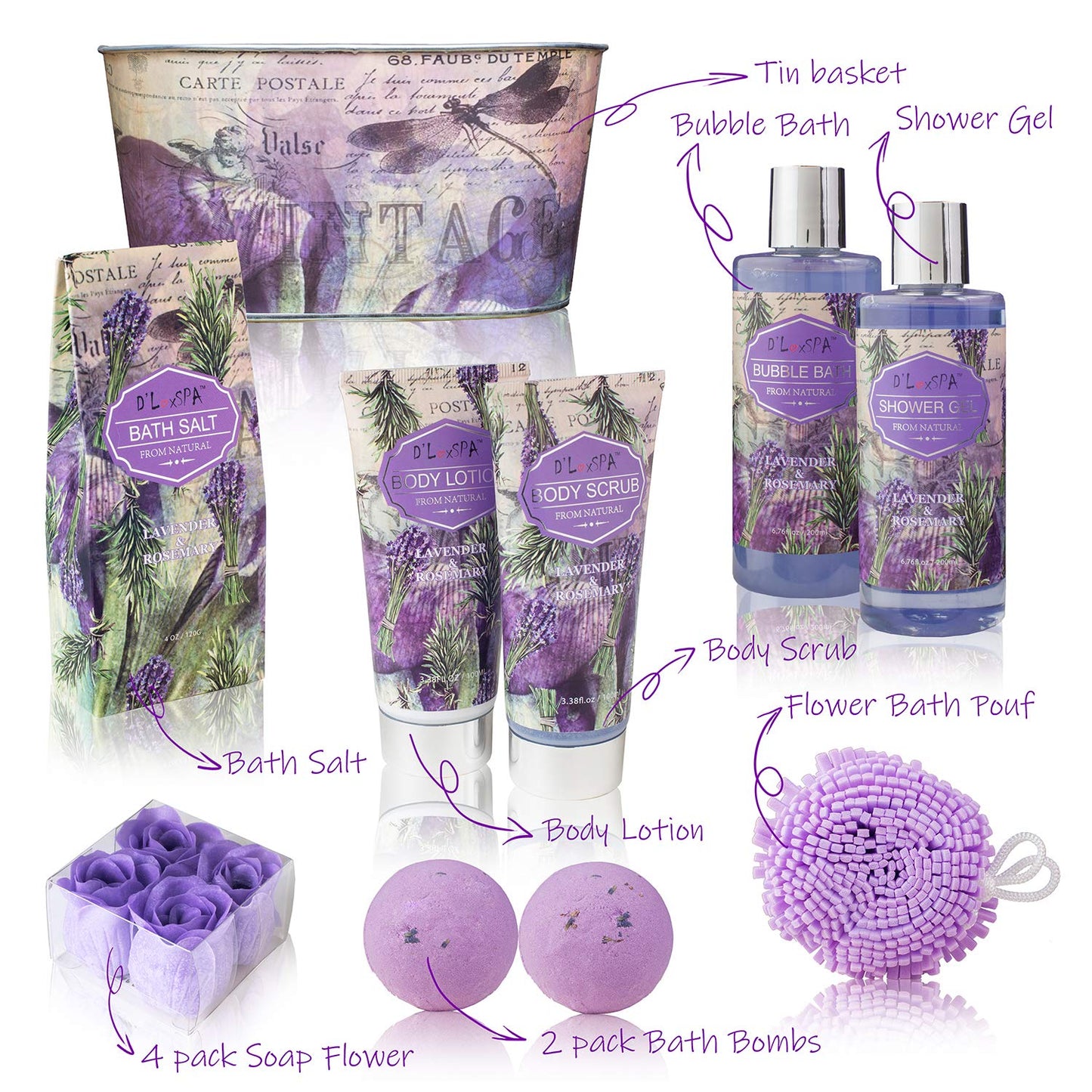 Relaxing Bath Gift Set for Women - Lavender and Rosemary Aromatherapy Basket at Home Spa Kit