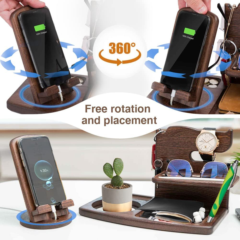 Gifts for Men Christmas Rotating Wood Docking Station Gifts for Men Bedside Organizer