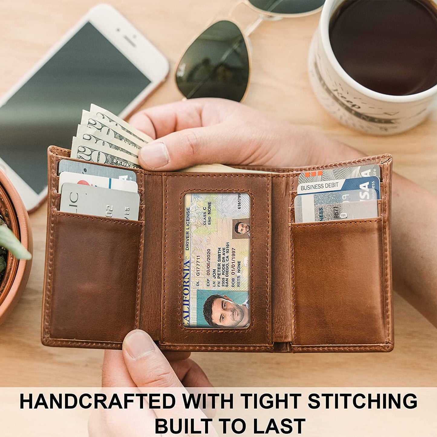 Top Grain Leather Trifold Wallet for Men | Ultra Strong Stitching | Handcrafted Argentinian Leather
