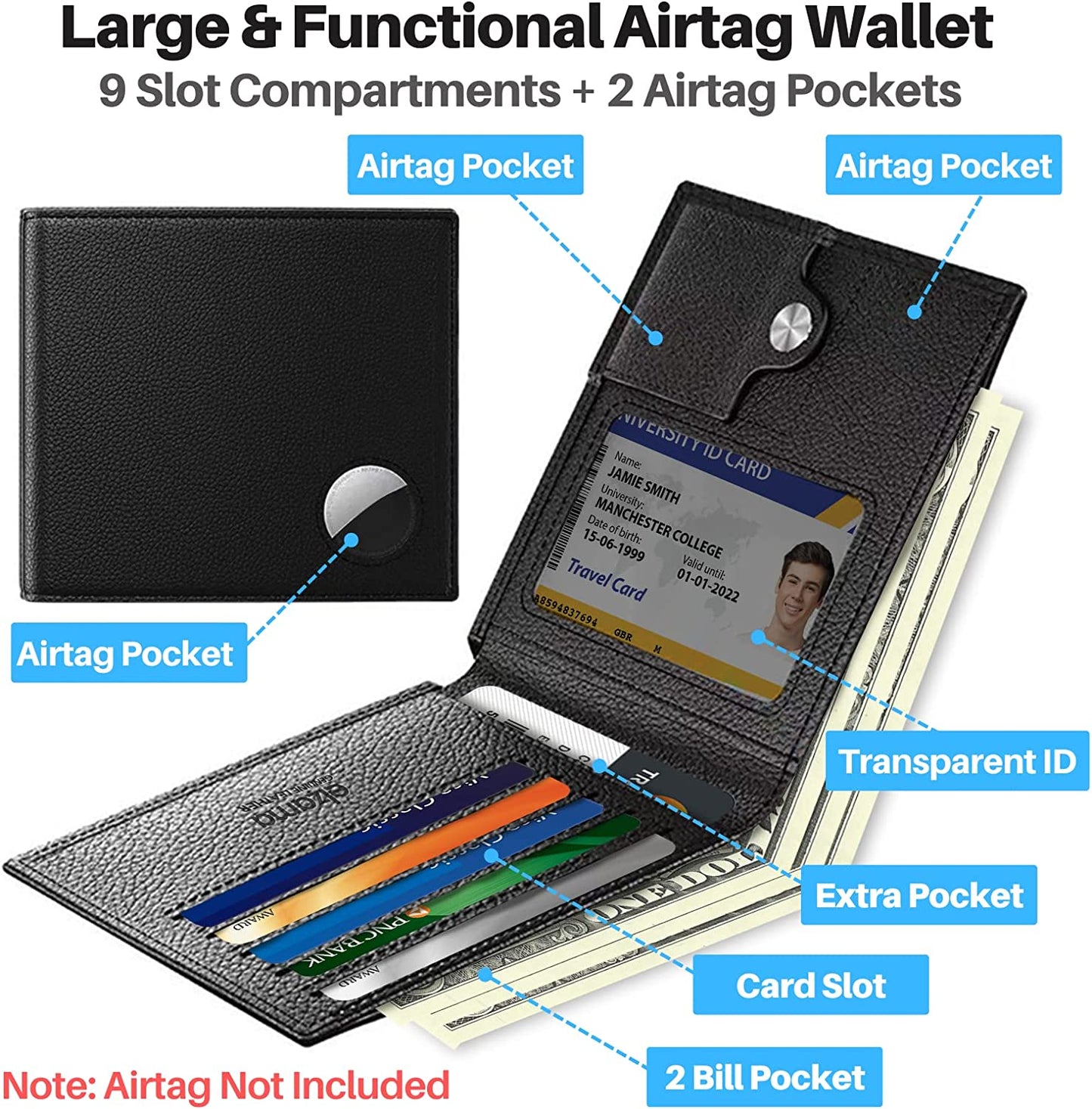 Bifold Smart Airtag Wallet with Airtag Keychain| Genuine Leather Men'S Air Tag Wallet