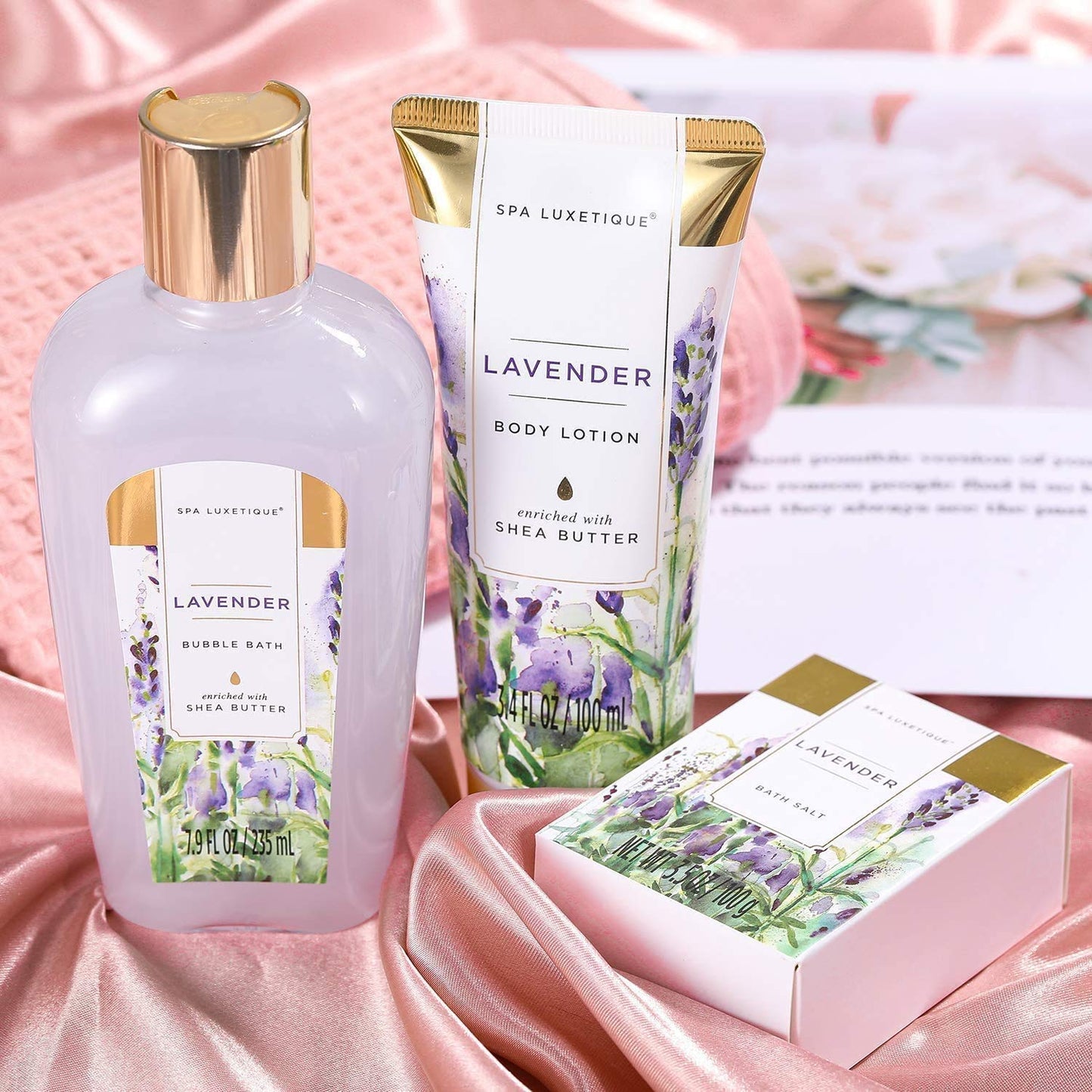 Bath Baskets for Women Gift, Home Spa Gift Basket for Women, Lavender Spa Set with Body Lotion, Bath Salt